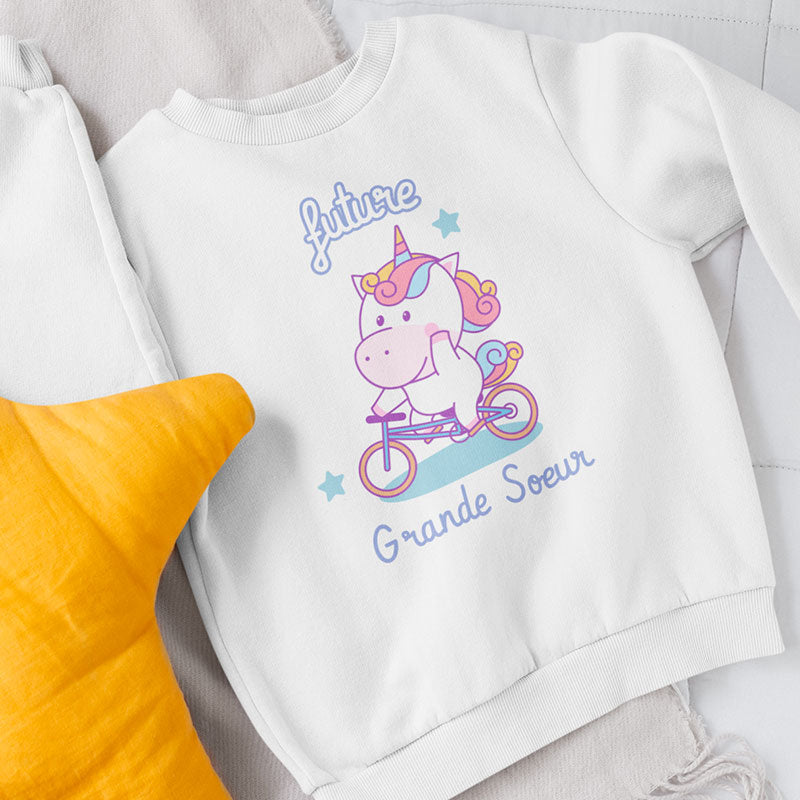 pull sweat blanc licorne à vélo future grande soeur