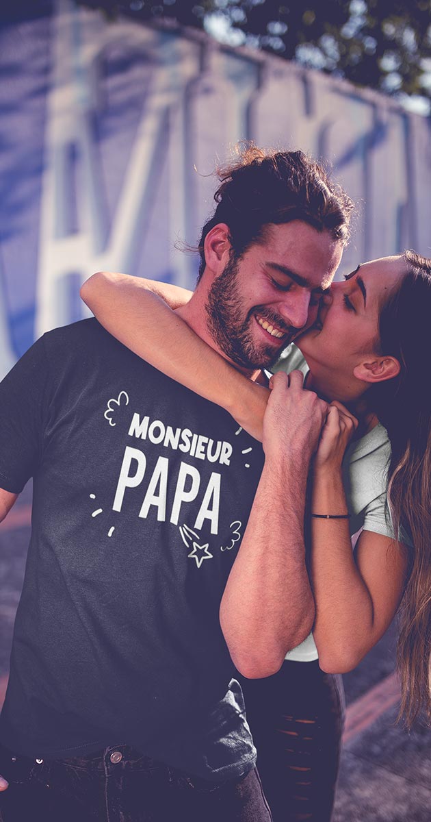 t shirt homme monsieur papa les droles noir avec sa femme qui l'embrasse