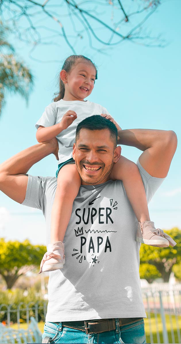 t-shirt homme super papa les droles blanc avec sa fille sur les epaules